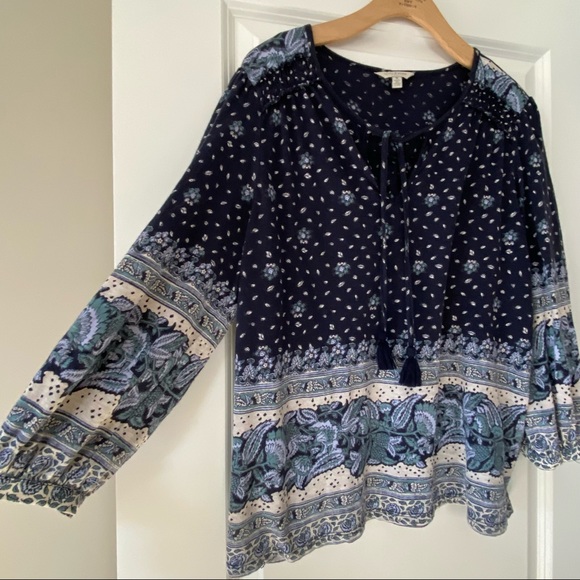 Lucky Brand Boho Peasant Blouse w Ruched Trim, Tassels & String Ties - Picture 10 of 10